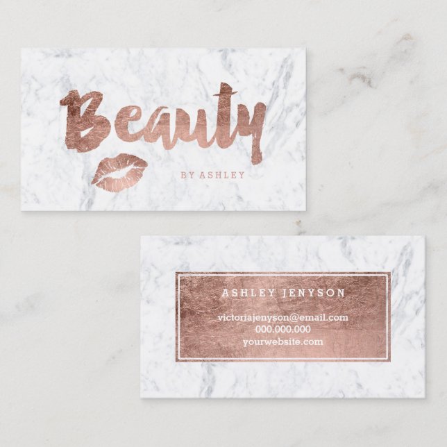 Lips beauty modern rose gold typography marble business card (Front/Back)