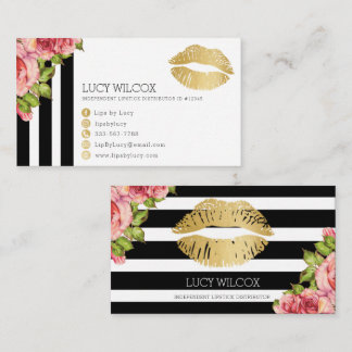 Lips Business Cards, Floral Black & White Stripes Card