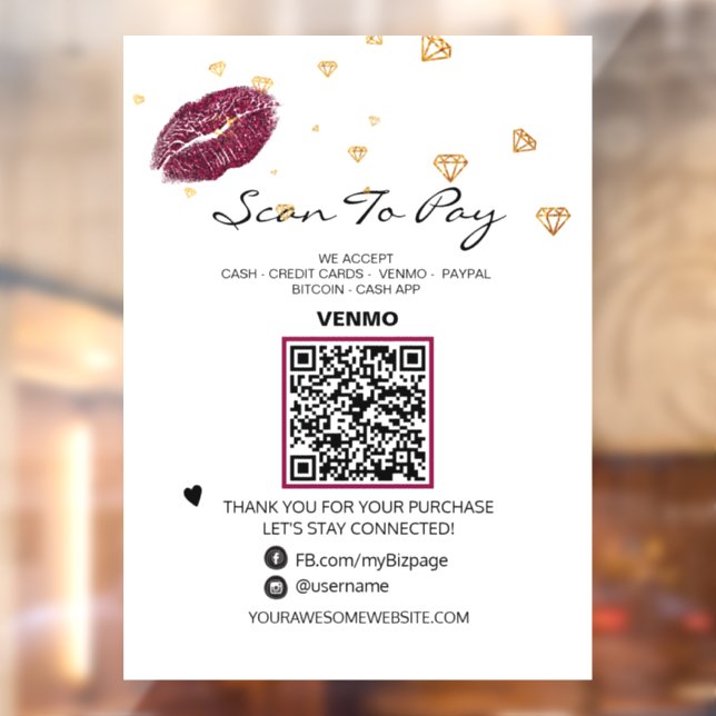*~* LIPS DIAMONDS Scan to PAY  QR code  Window Cling (Sheet 2)