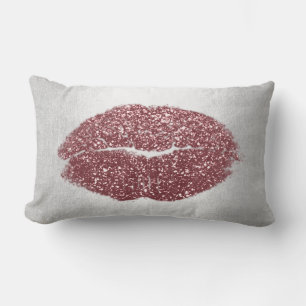 Lips Glitter Grey Maroon Blush Makeup Kiss Silver Lumbar Pillow