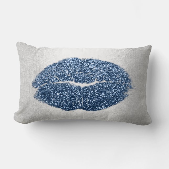 Lips Glitter Grey Pastel Denim Makeup Kiss Silver Lumbar Pillow (Front)
