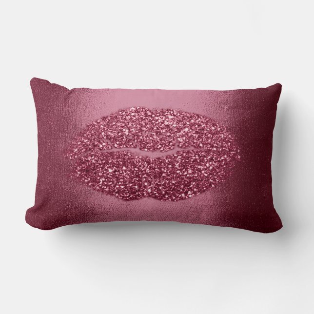 Lips Glitter Maroon Red Burgundy  Makeup Kiss Lumbar Pillow (Front)