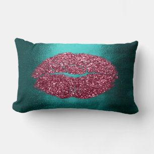 Lips Glitter Maroon Teal Burgundy Makeup Kiss Lumbar Pillow