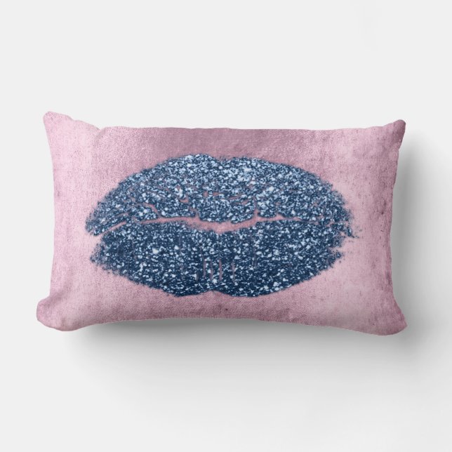 Lips Glitter Pink Grungy Denim Makeup Kiss Silver Lumbar Pillow (Front)