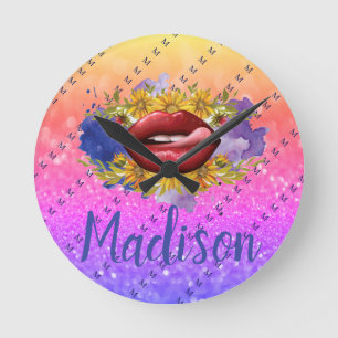 Lips Licking Custom Glitter Name Personalized Round Clock