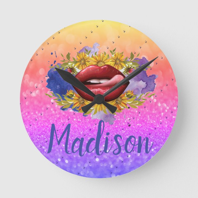 Lips Licking Custom Glitter Name Personalized Round Clock (Front)
