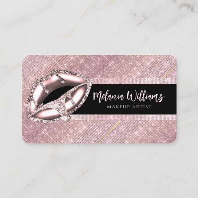 Lips Makeup Artist Trendy Black Rose Gold Glitter  Business Card (Front)