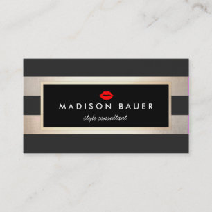 Lips on Modern Striped Black and FAUX Gold Salon Business Card