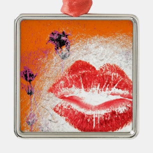 Lips on Orange Background Metal Ornament