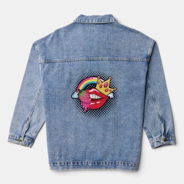 Lips, Rainbow, Strawberry and Crown Pop Art Denim Jacket (Back)