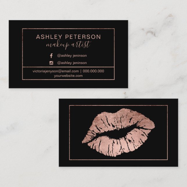 Lips rose gold makeup artist frame typography business card (Front/Back)