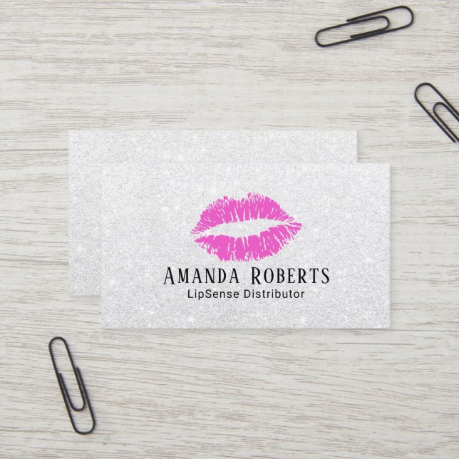 Lipsense Distributor Pink Lips Silver Glitter Business Card (Front/Back In Situ)