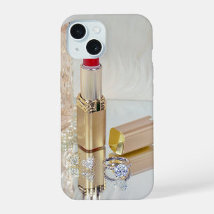 Lipstick and diamond ring on mirror iPhone 15 case