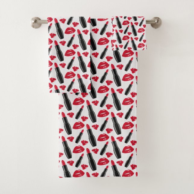 Lipstick And Lips Polka Dot Pattern Bath Towel Set (Insitu)