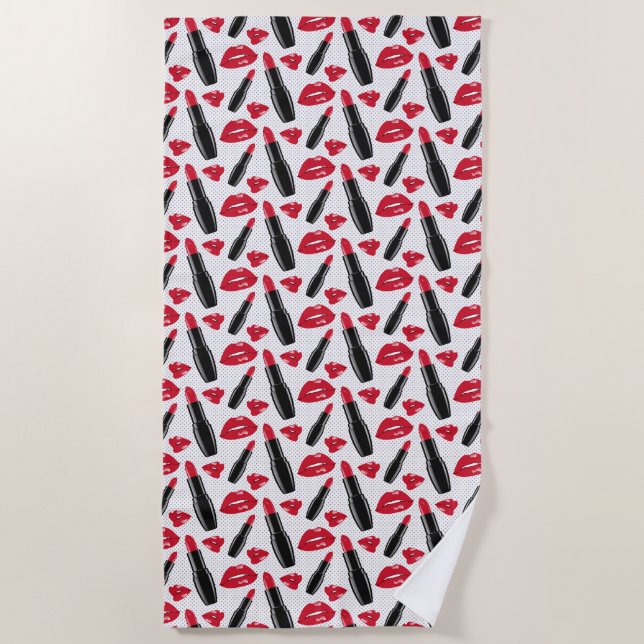 Lipstick And Lips Polka Dot Pattern Beach Towel (Front)