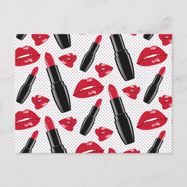 Lipstick And Lips Polka Dot Pattern Holiday Postcard (Front)
