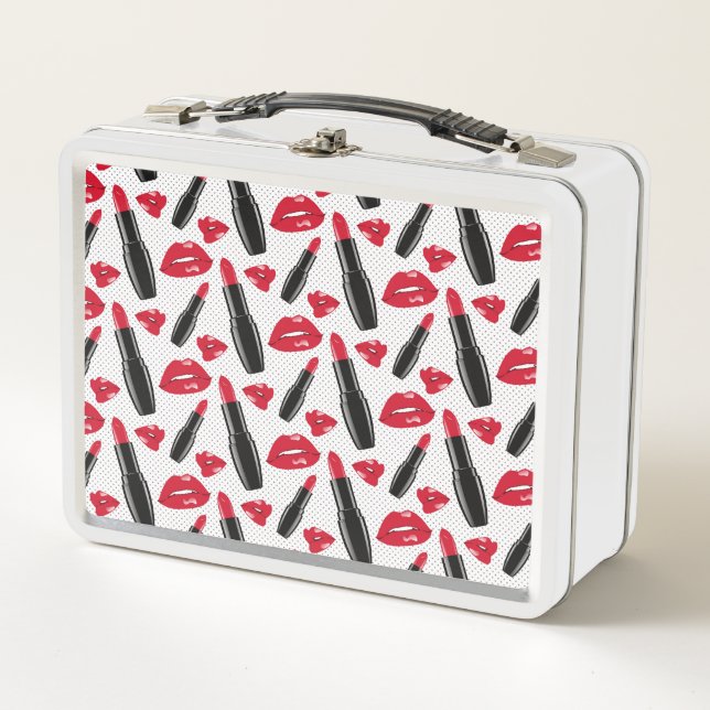 Lipstick And Lips Polka Dot Pattern Metal Lunch Box (Front)