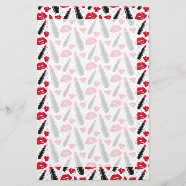 Lipstick And Lips Polka Dot Pattern Stationery (Front)