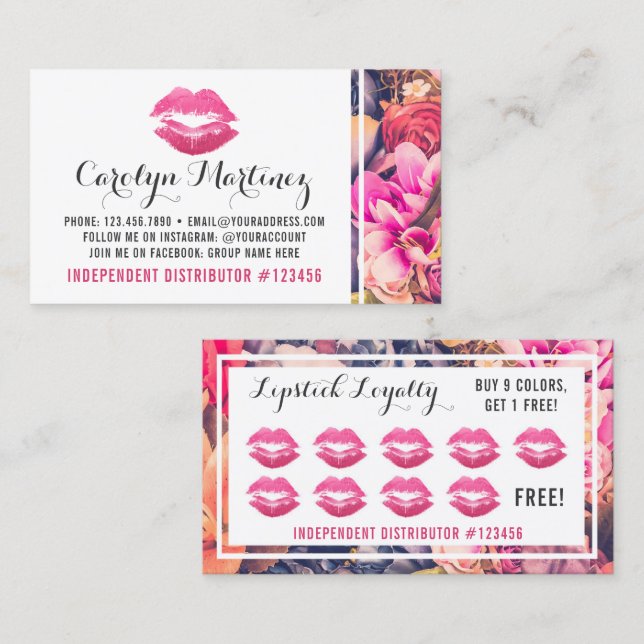 Lipstick Distributor Floral Kiss Lip Loyalty Punch Card (Front/Back)