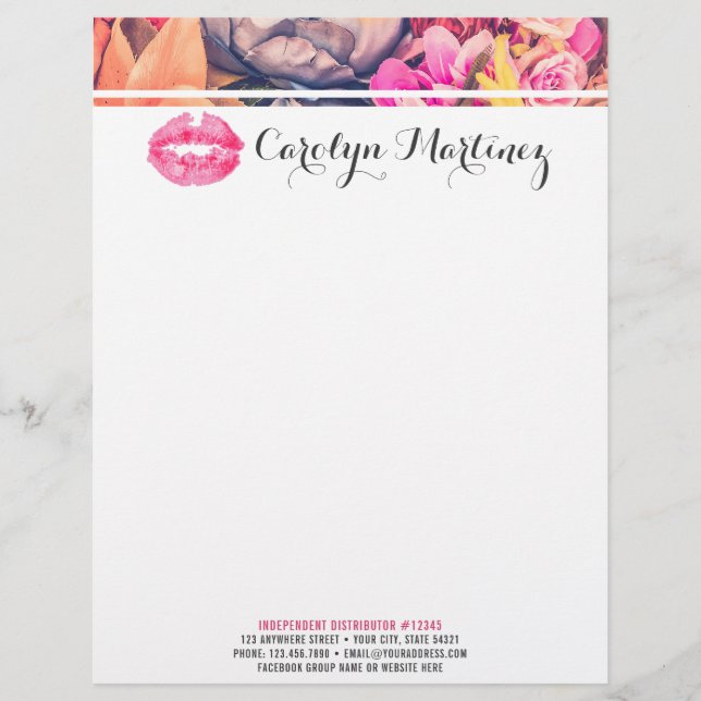 Lipstick Distributor Marketing Floral Kiss Lips Letterhead (Front)