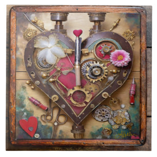 Lipstick Flowers Heart Steampunk Series Tile