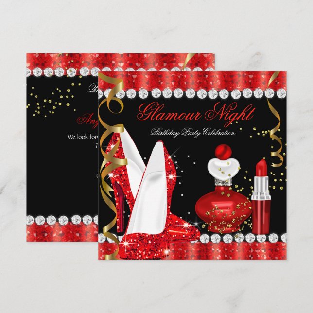 Lipstick Glitter Glamour Night Red Gold Invitation (Front/Back)