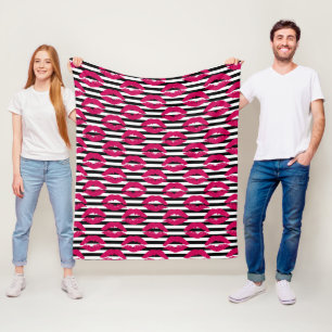 Lipstick Kiss B&W Striped Pattern Fleece Blanket