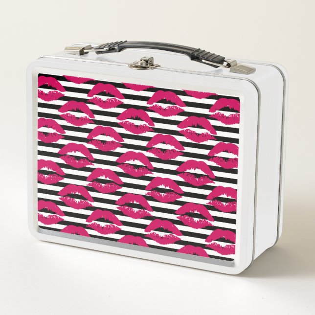 Lipstick Kiss B&W Striped Pattern Metal Lunch Box (Front)