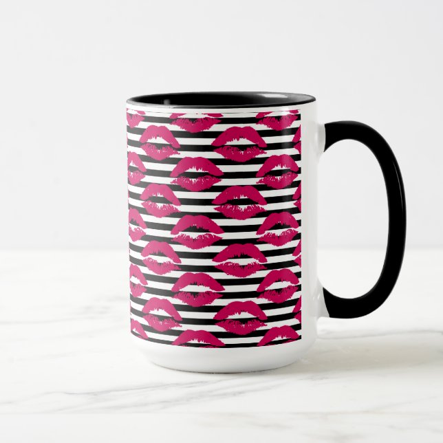 Lipstick Kiss B&W Striped Pattern Mug (Right)