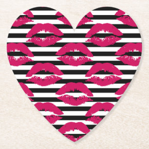 Lipstick Kiss B&W Striped Pattern Paper Coaster