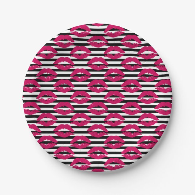 Lipstick Kiss B&W Striped Pattern Paper Plate (Front)