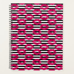 Lipstick Kiss B&W Striped Pattern Planner
