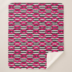 Lipstick Kiss B&W Striped Pattern Sherpa Blanket