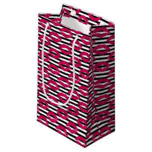 Lipstick Kiss B&W Striped Pattern Small Gift Bag