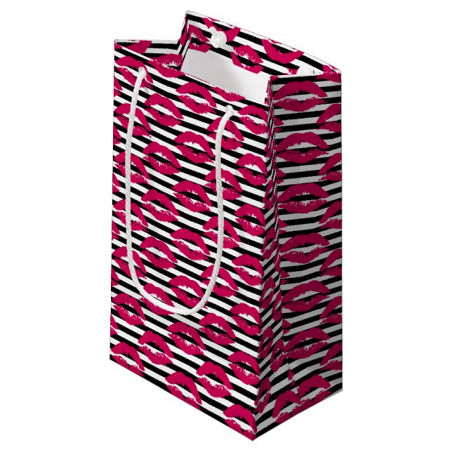 Lipstick Kiss B&W Striped Pattern Small Gift Bag (Front Angled)