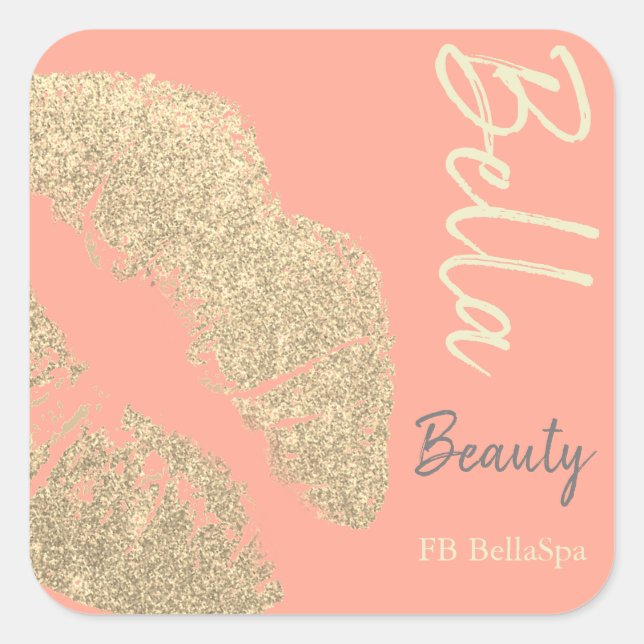 Lipstick kiss print peach gold beauty spa beauty square sticker (Front)