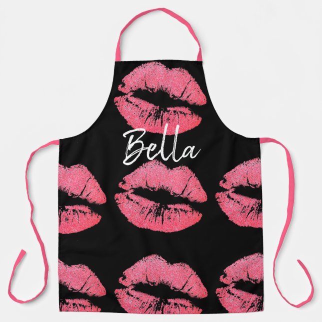 Lipstick kiss print pink and black cute apron (Front)