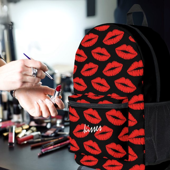 Lipstick Kisses Black and Red Lip Printed Backpack (Lots of lovely kisses for you. Just add your name!)