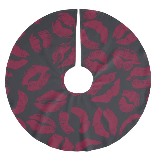 Lipstick Kisses: Dark Red Imprints Brushed Polyester Tree Skirt (Front)