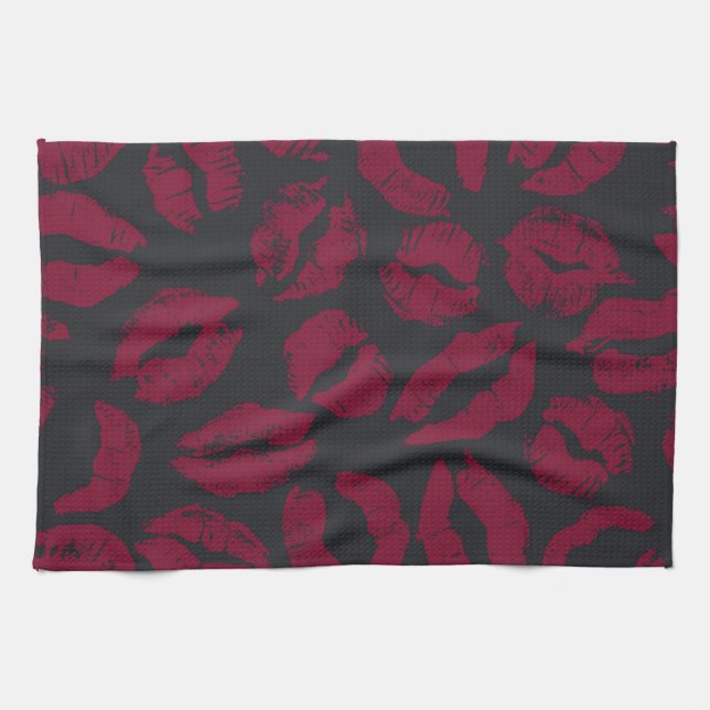 Lipstick Kisses: Dark Red Imprints Kitchen Towel (Horizontal)