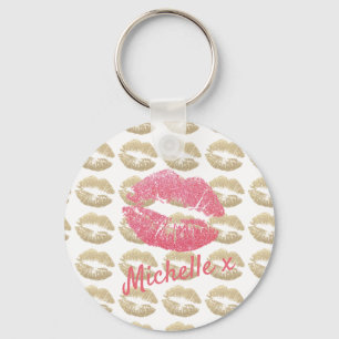 Lipstick Kisses Pink Gold Keychain