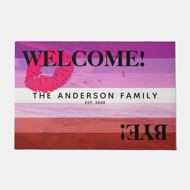 Lipstick Lesbian Flag Beach Personalized Welcome Doormat (Front)