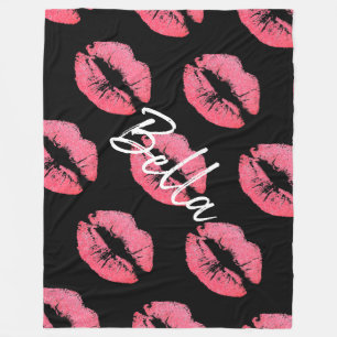 Lipstick print pink lip stain black white cute  fleece blanket