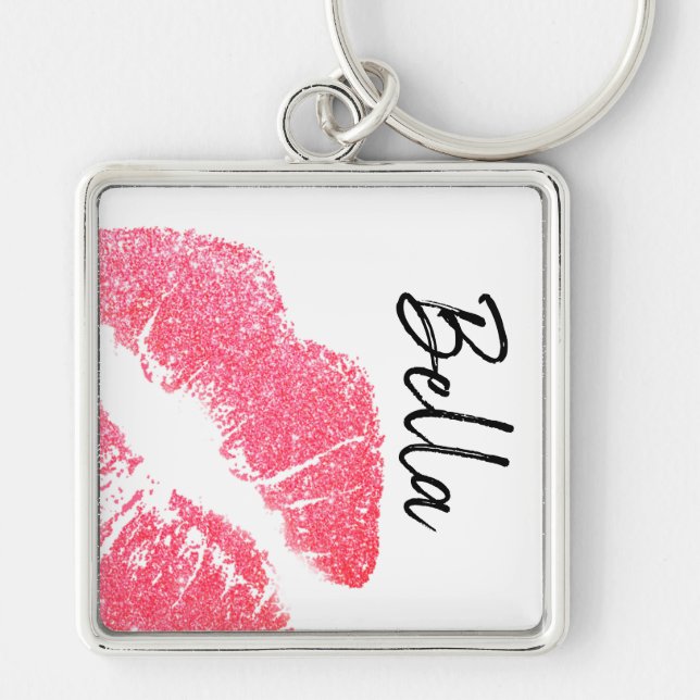 Lipstick print pink lip stain black white cute  keychain (Front)