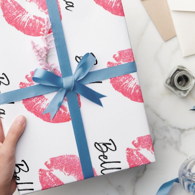 Lipstick print pink lip stain black white cute  wrapping paper (Creator Uploaded)