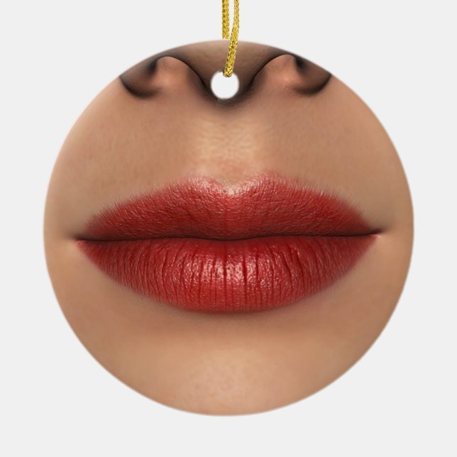 Lipstick Red Female Lips Close up Ceramic Ornament (Front)