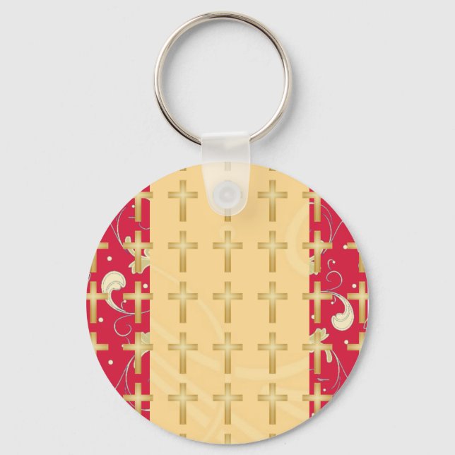 Lipstick Red, Gold, Christian Cross, Keychain (Front)