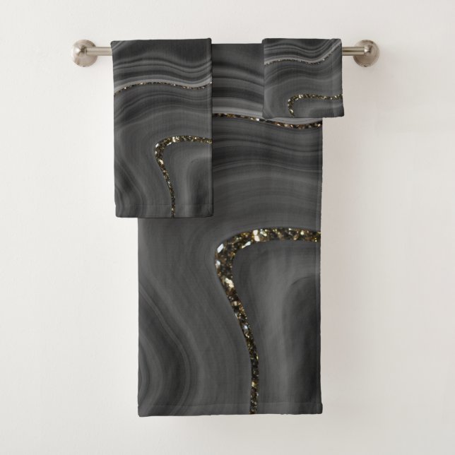 Liquid Black Grey White Agate Glitter Dream #2 Bath Towel Set (Insitu)