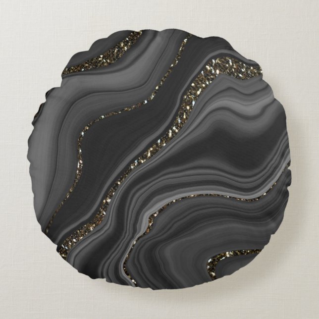 Liquid Black Grey White Agate Glitter Dream #2 Round Pillow (Front)