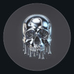 Liquid Chrome Silver Drip Skull Halloween Party Classic Round Sticker<br><div class="desc">customize with any text.</div>